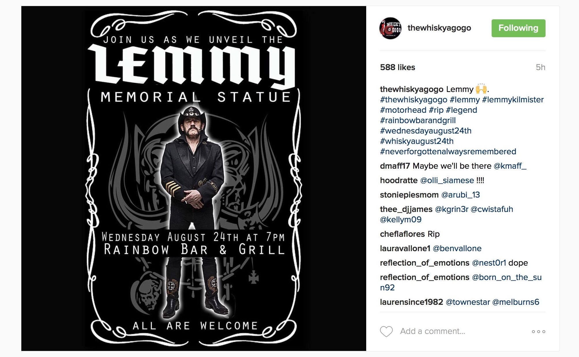 Rainbow Bar and Grill Instagram announcement of Lemmy Statue unveiling Aug. 24