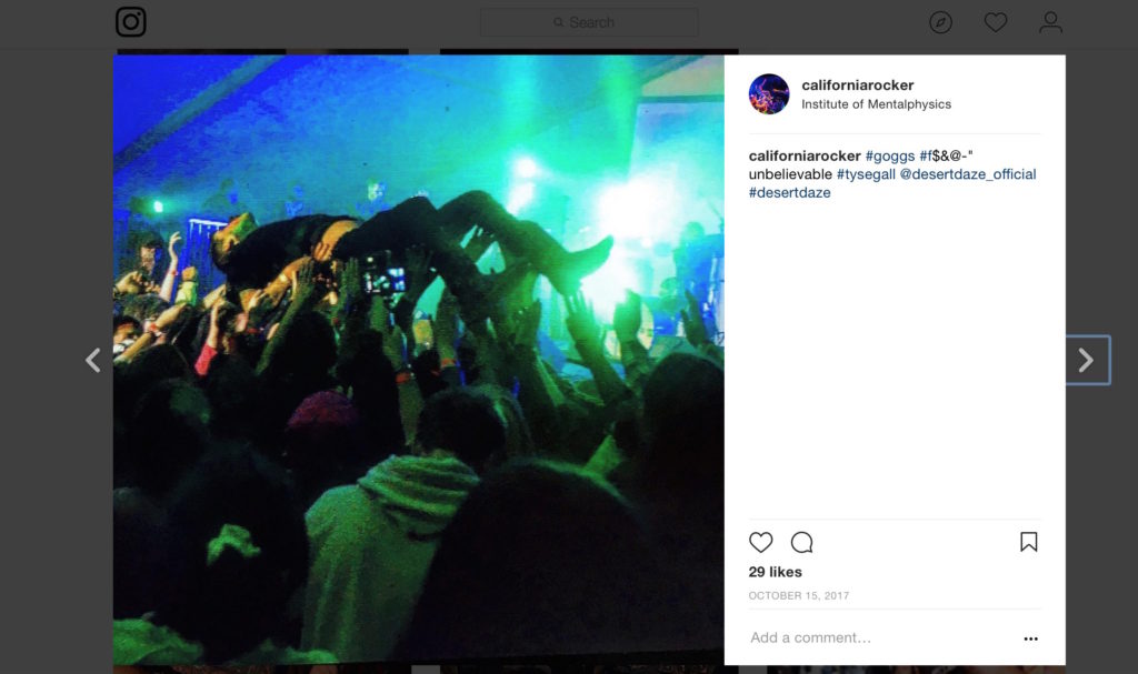 Instagram of Chris Shaw during Goggs set at Desert Daze by Donna Balancia