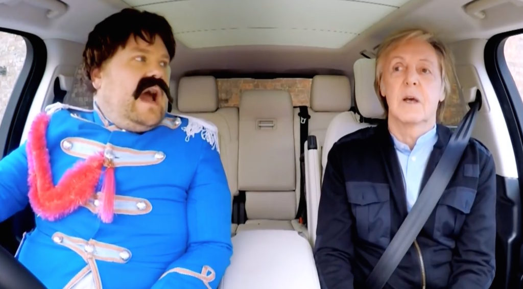 James Corden, in Sgt. Pepper gear, rides with Paul McCartney - Photo courtesy of The Late Late Show with James Corden