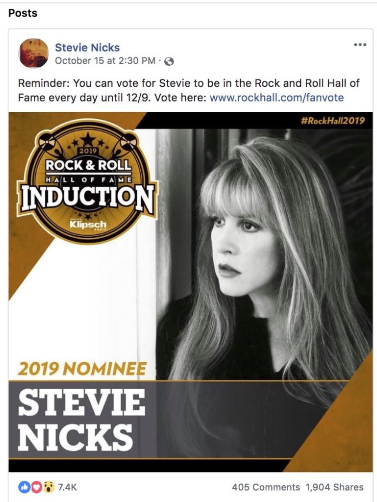 Stevie Nicks encourages fans to vote via her Facebook Page - Courtesy image