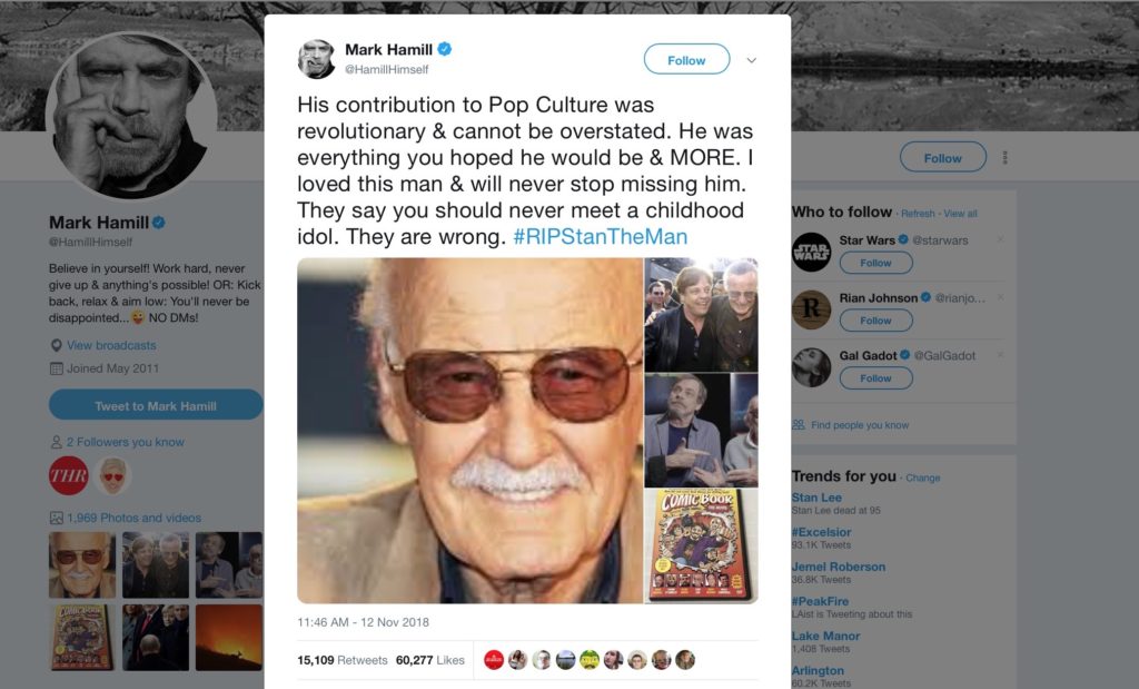 Mark Hamill Twitter post honors Stan Lee - Courtesy image