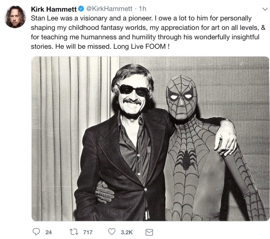 Kirk Hammett is a fan of Stan Lee who died Monday - Courtesy image