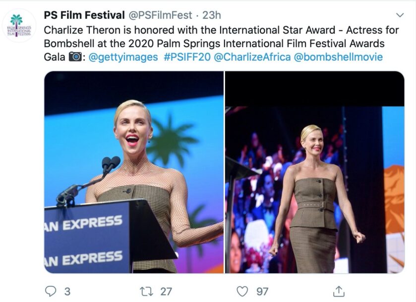 Charlize Theron at Palm Springs Film Fest - Courtesy PSFF Twitter