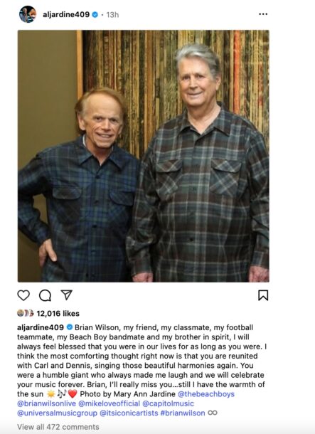 Al Jardine pays honor to Brian Wilson on Instagram